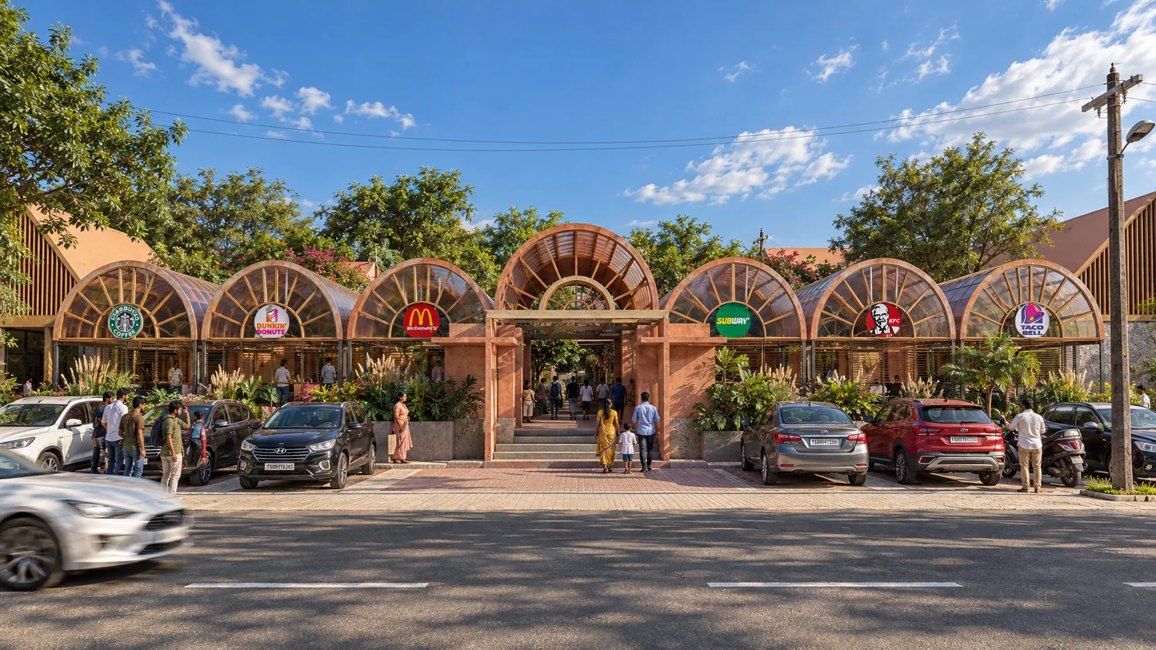 Anira — the arched terracotta frontage, from the highway