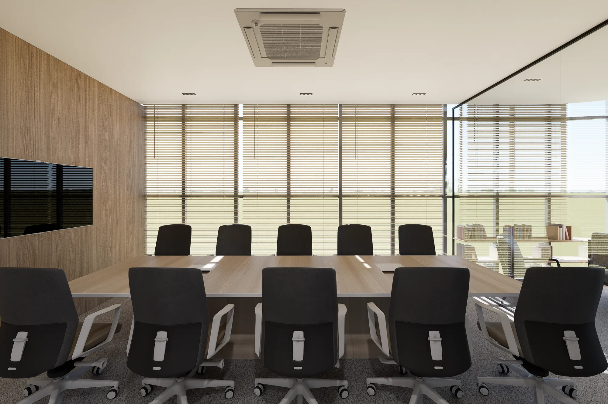 The boardroom from the head of the table, glazed to the library