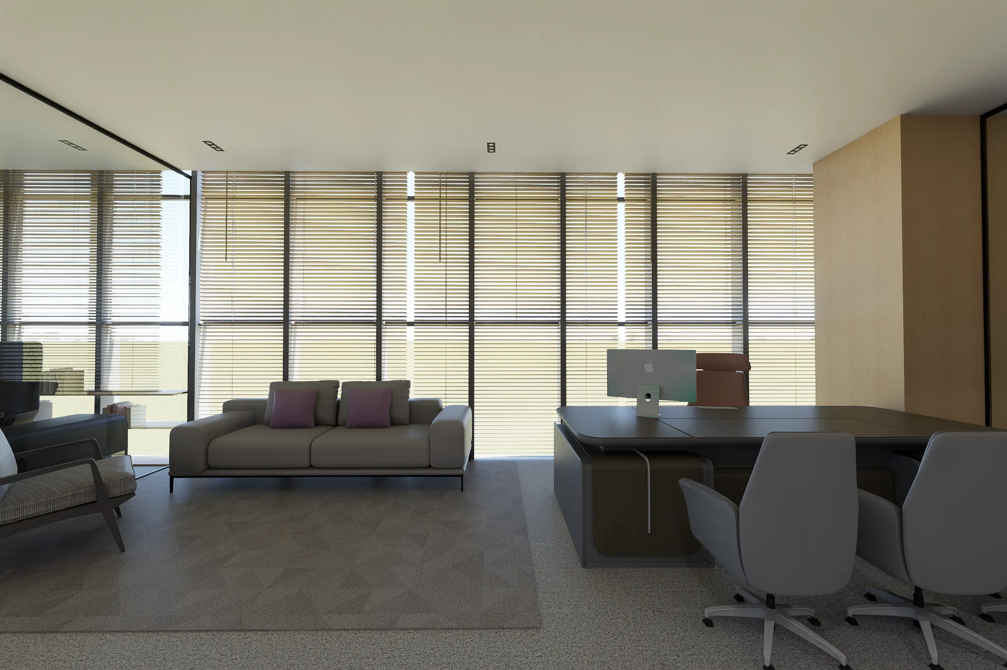 A corner cabin with a sofa against the blinds