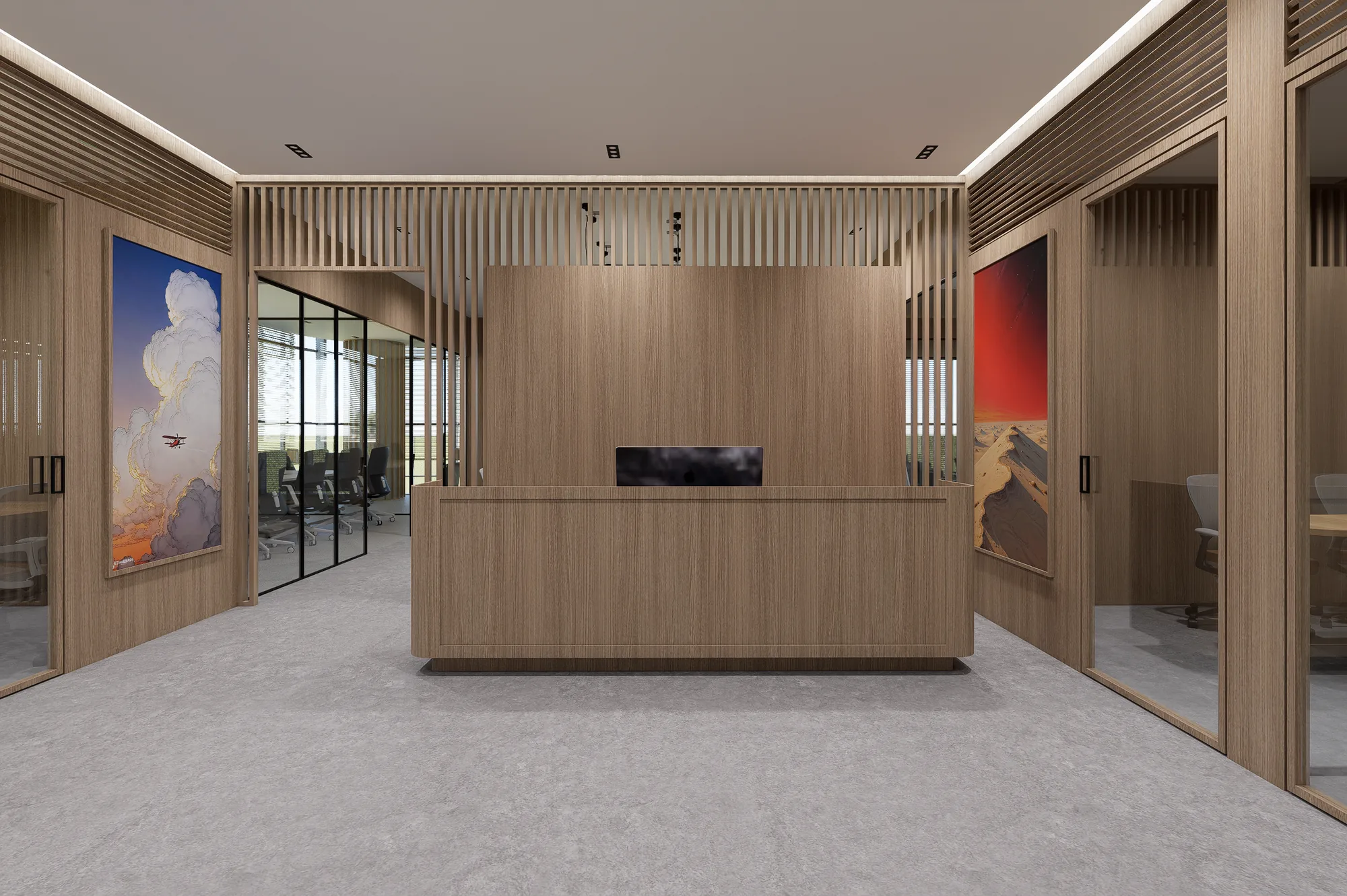 The reception desk, centred against a solid oak wall
