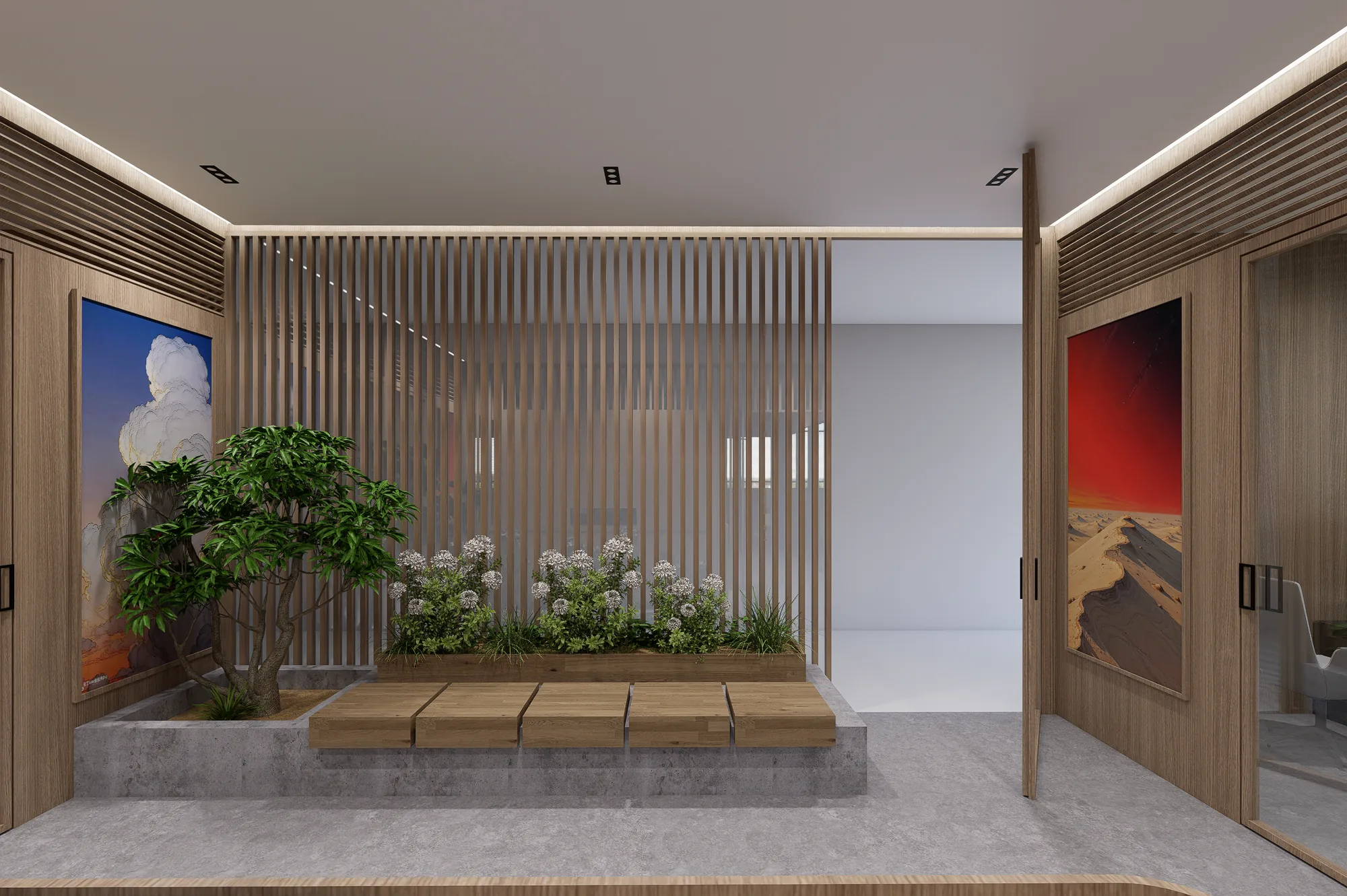 The planted threshold — a timber step, a tree and a slatted screen