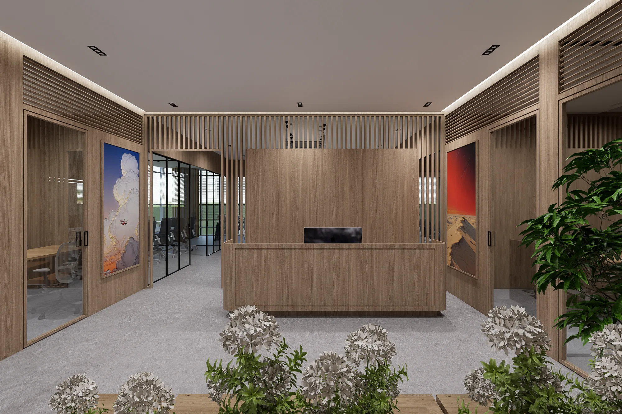 A timber reception hall, slatted oak on every face, planting at the threshold
