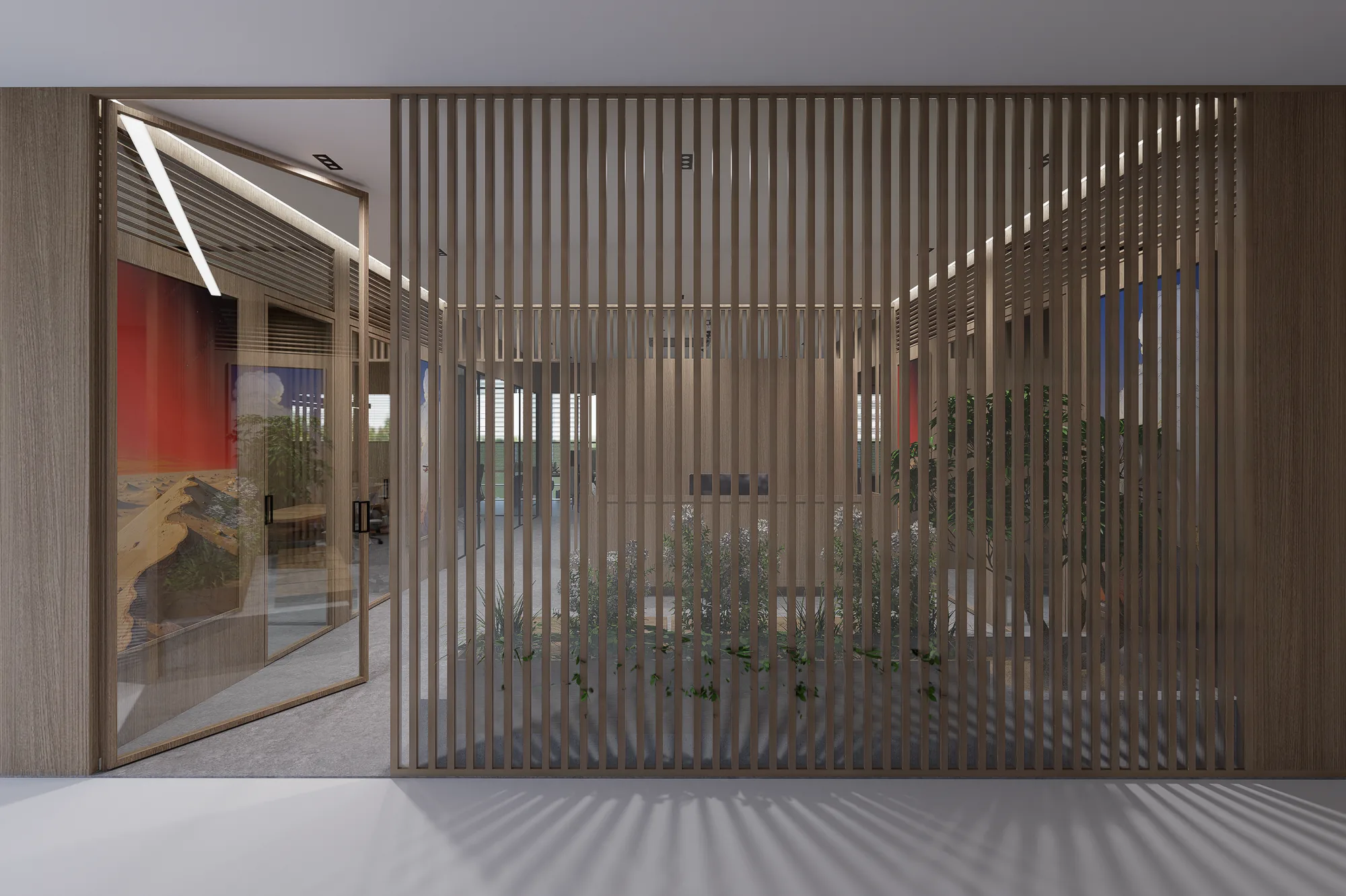 The oak slat screen, throwing a ruled shadow across the floor