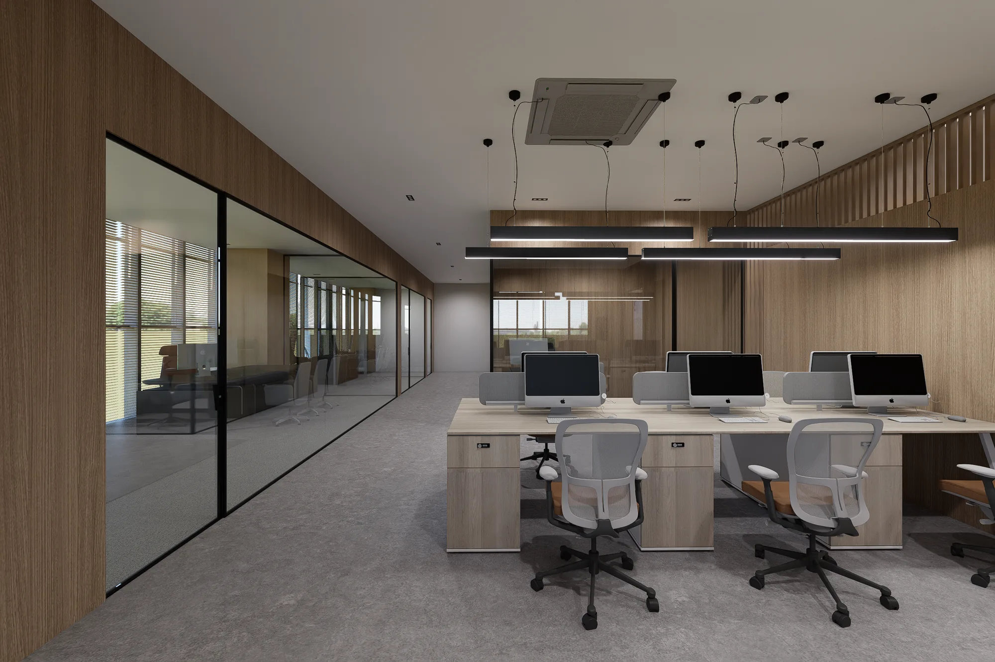 The workstation bench, linear pendants above
