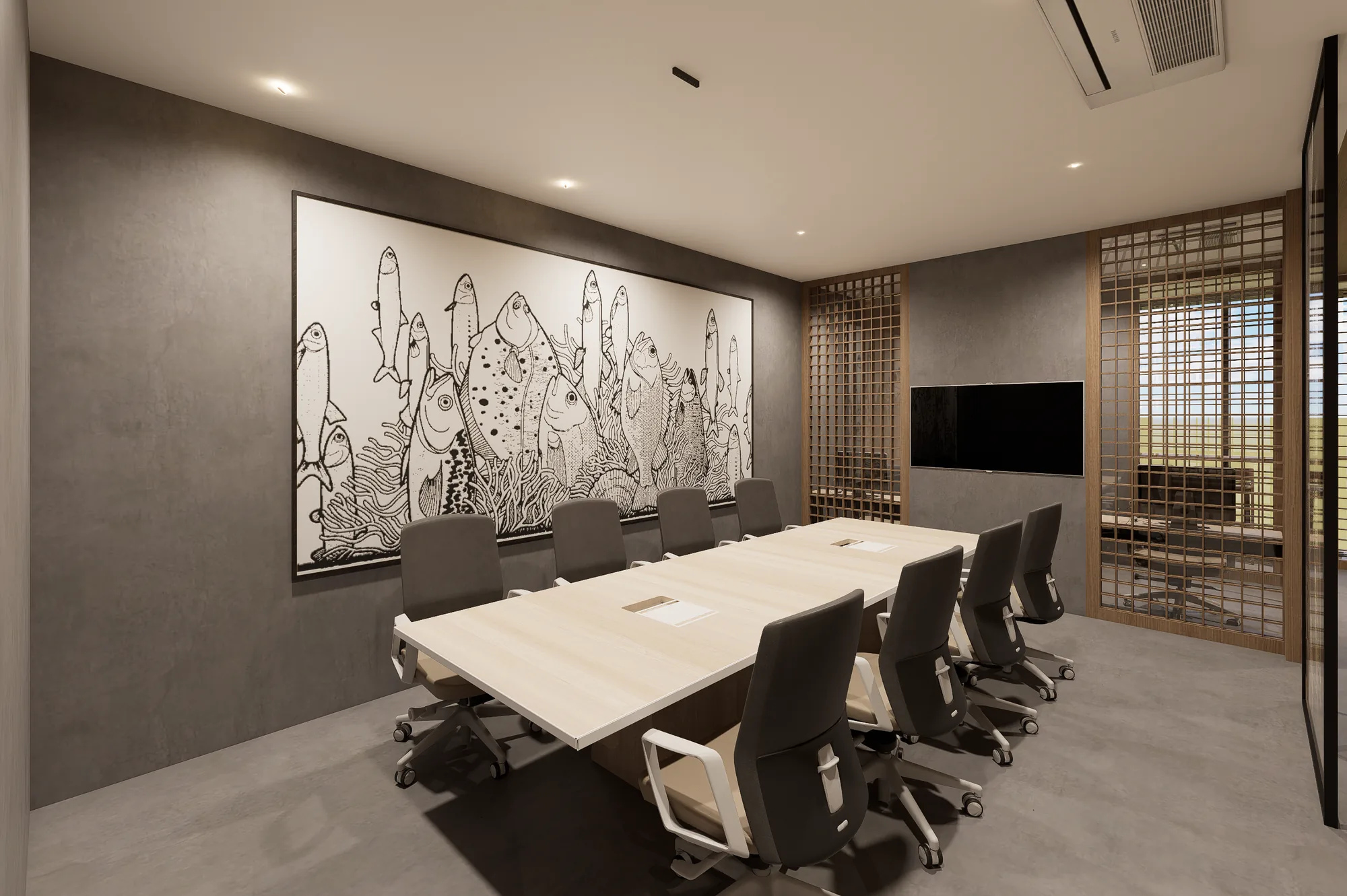 The boardroom, with a drawn mural the length of one wall
