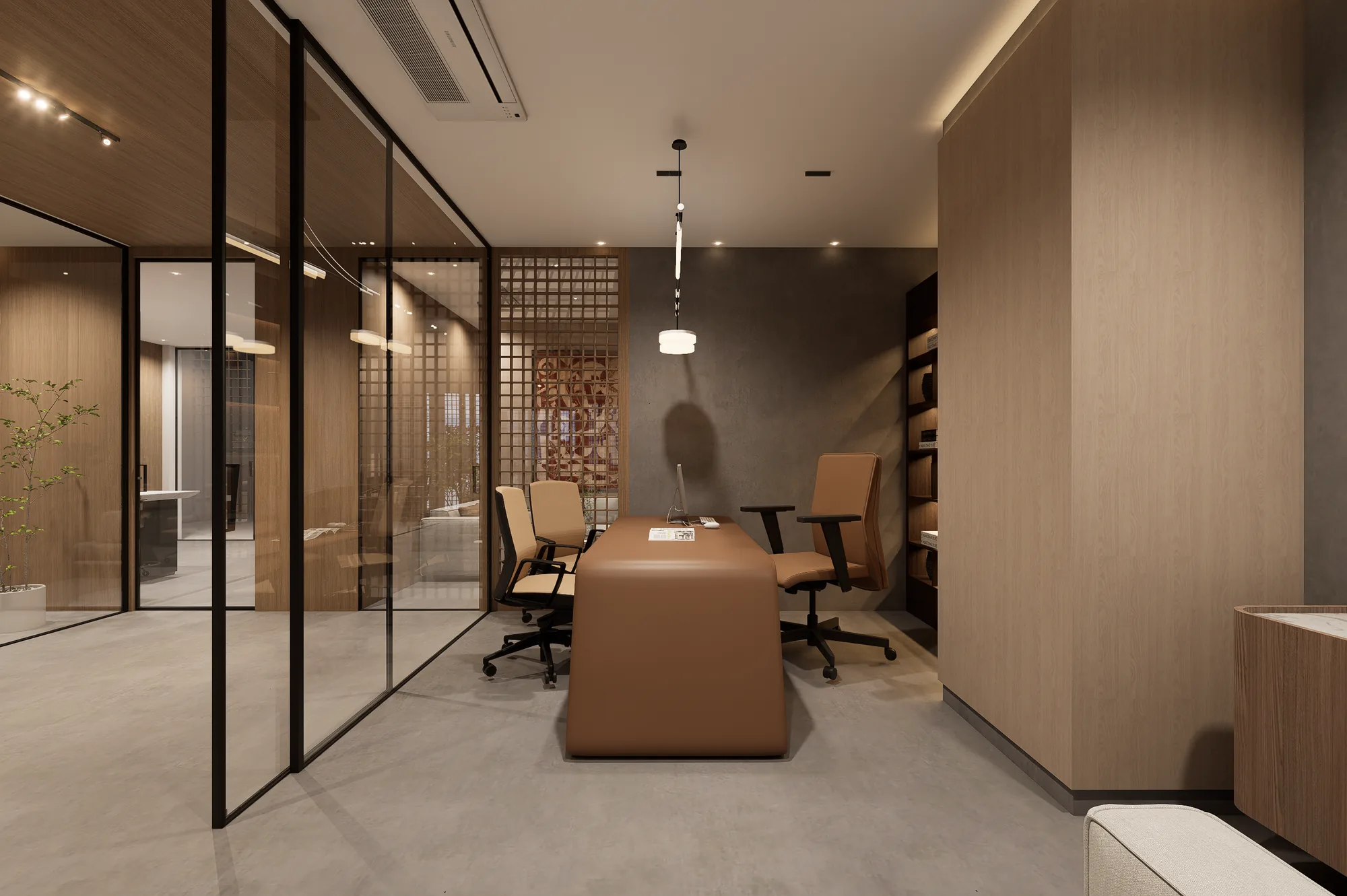 A cabin desk in tan leather