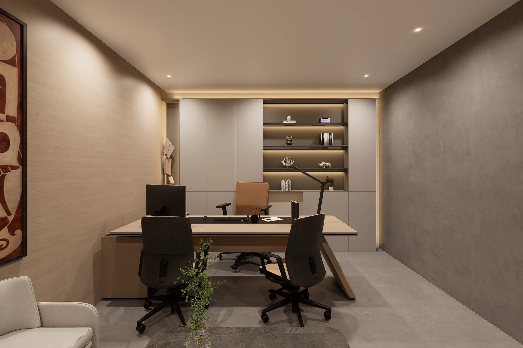 An executive cabin with a shelved return