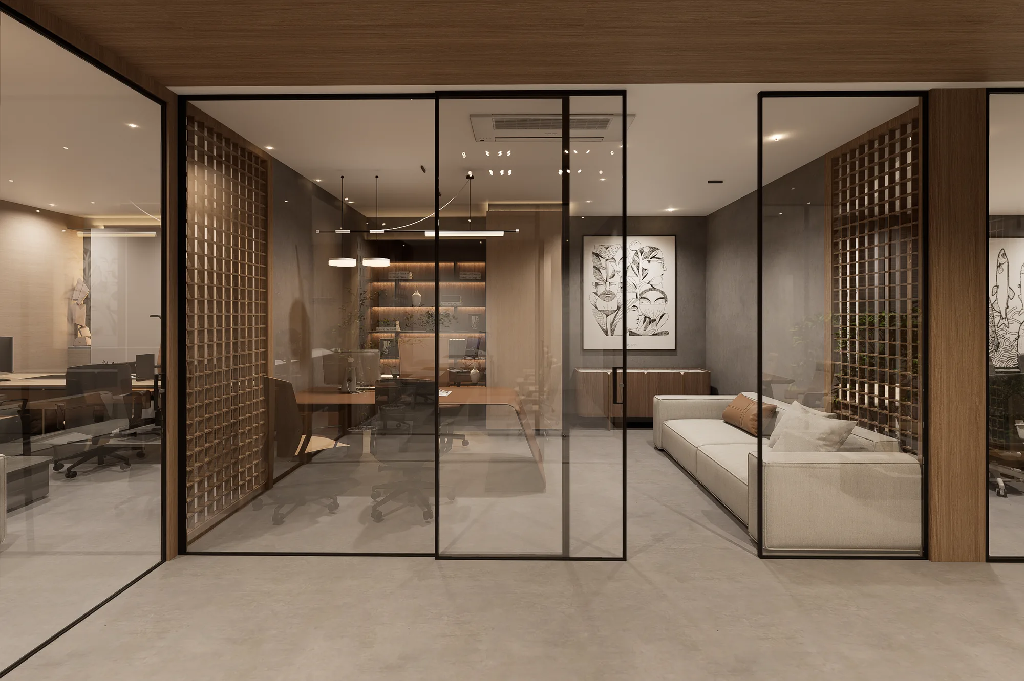 A glazed meeting room off the spine