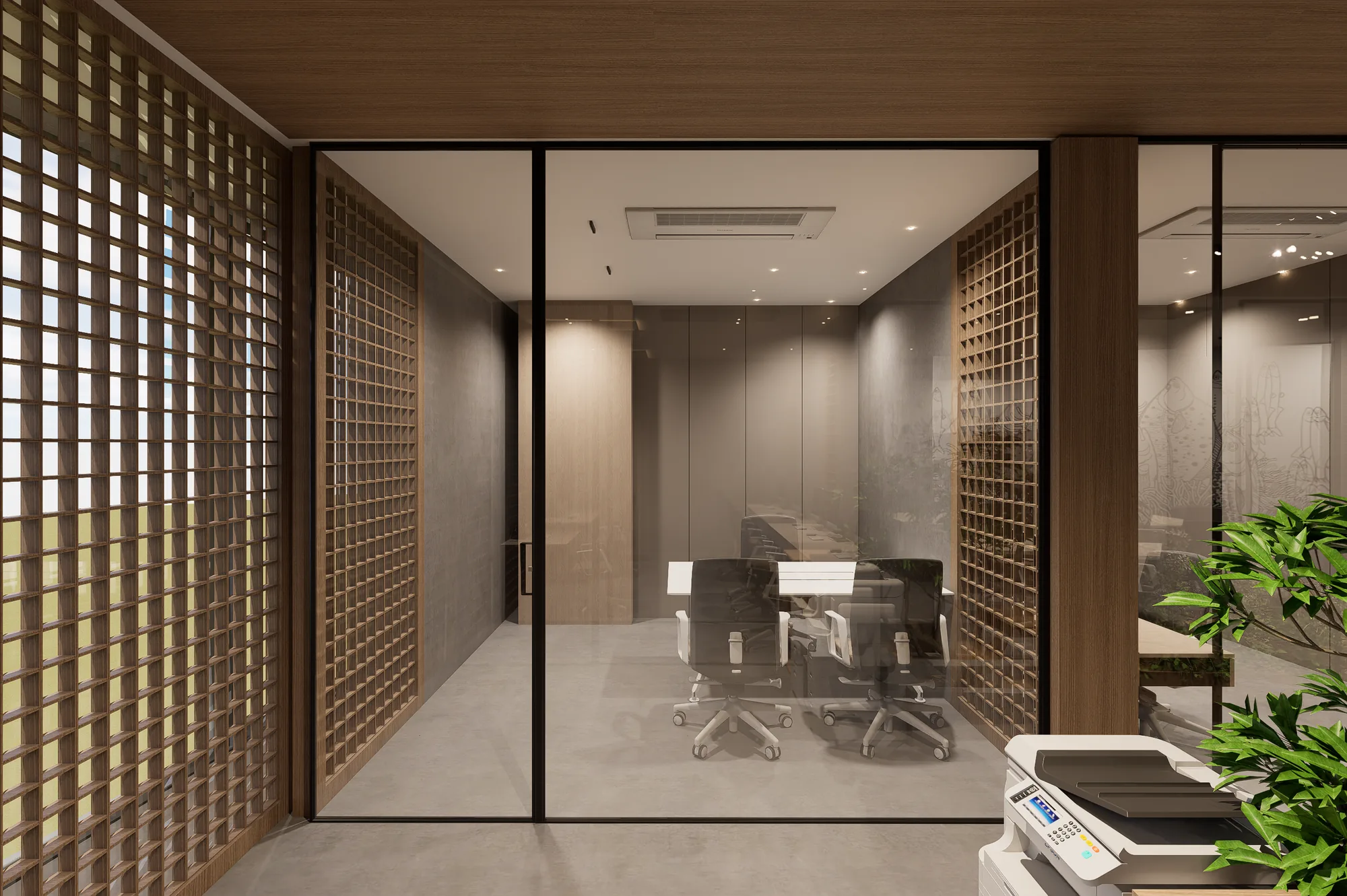 A jali screen between workstations